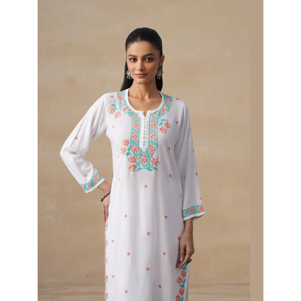 House of Chikankari White Rayon Chikankari Womens Long Kurta with Pant