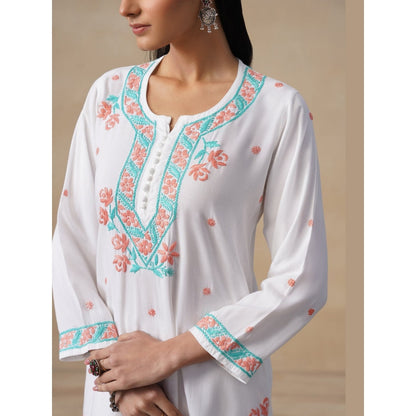 House of Chikankari White Rayon Chikankari Womens Long Kurta with Pant