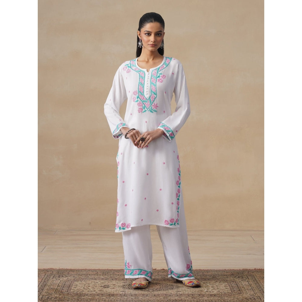 House of Chikankari White Rayon Chikankari Long Kurta with Pant