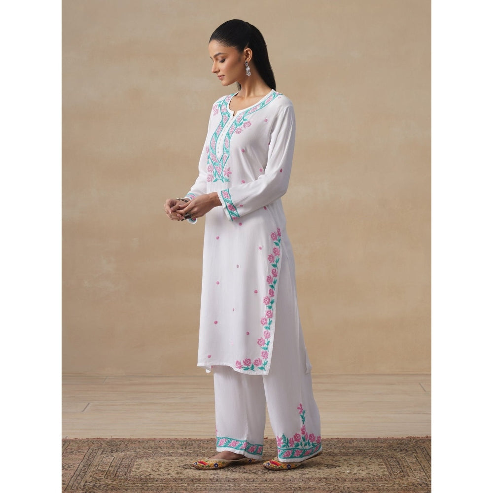 House of Chikankari White Rayon Chikankari Long Kurta with Pant