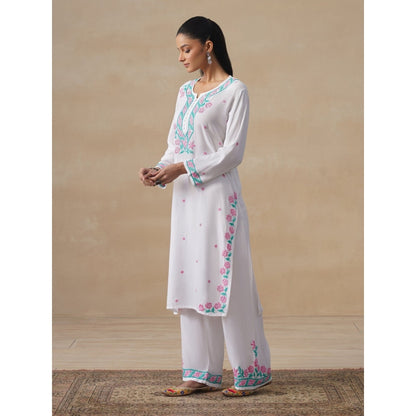 House of Chikankari White Rayon Chikankari Long Kurta with Pant