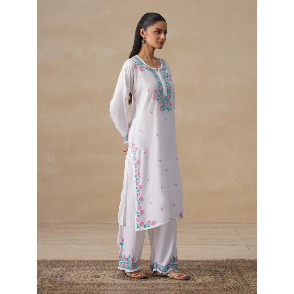House of Chikankari White Rayon Chikankari Long Kurta with Pant