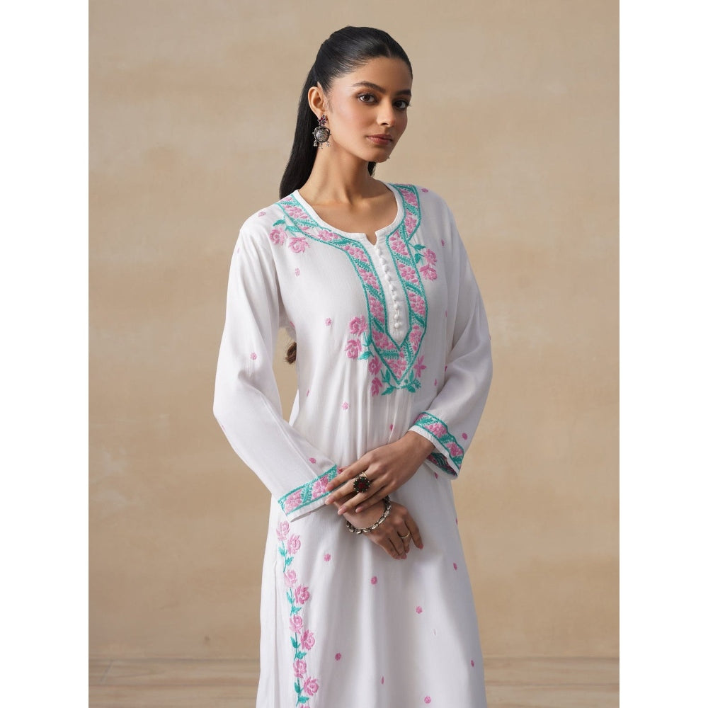 House of Chikankari White Rayon Chikankari Long Kurta with Pant