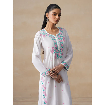 House of Chikankari White Rayon Chikankari Long Kurta with Pant