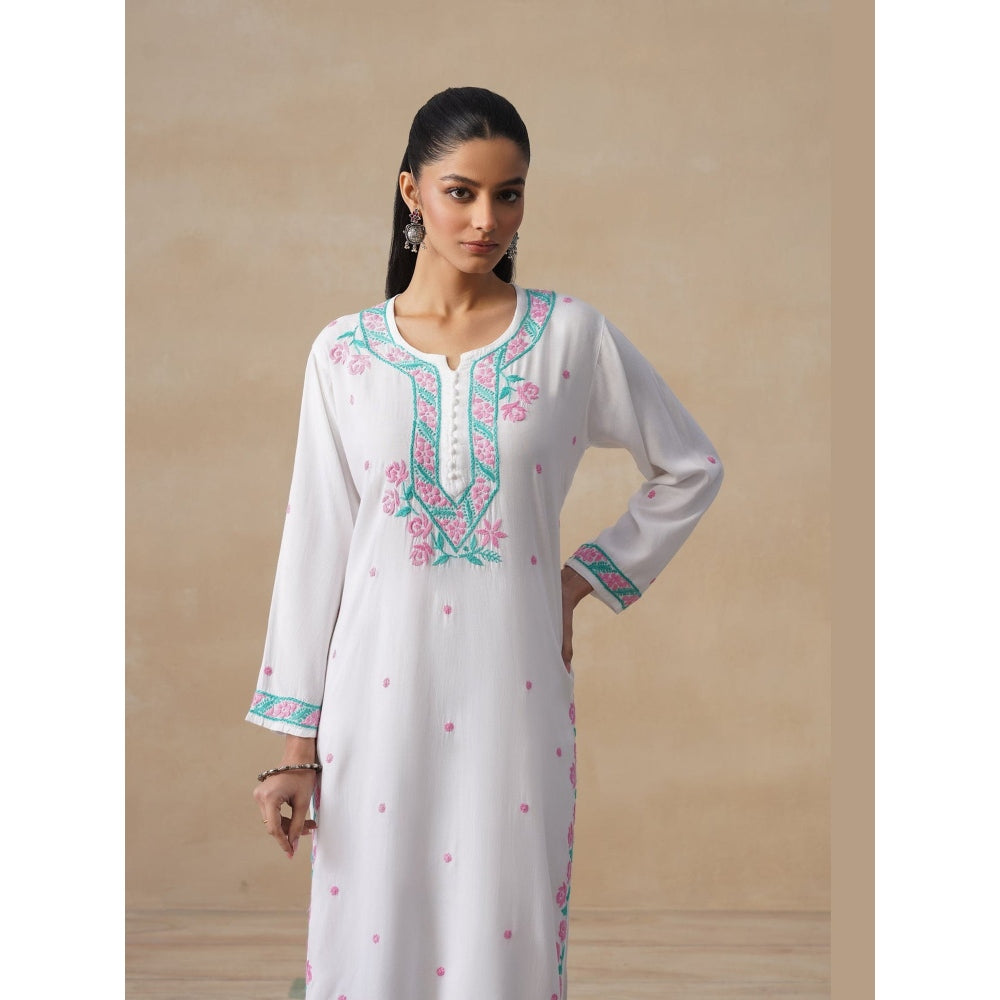 House of Chikankari White Rayon Chikankari Long Kurta with Pant