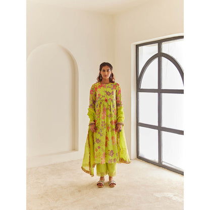 House of Pink Green Chanderi Floral & Embellished Anarkali Kurta Pant & Dupatta (Set of 3)