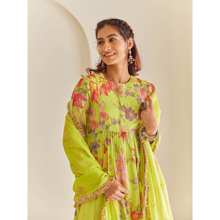 House of Pink Green Chanderi Floral & Embellished Anarkali Kurta Pant & Dupatta (Set of 3)