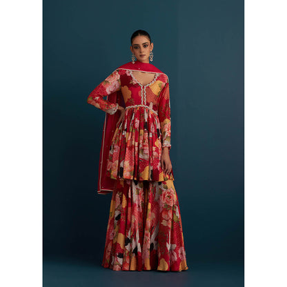 House of Pink Red Cotton Silk Embellished Anarkali Kurta Sharara & Dupatta (Set of 3)