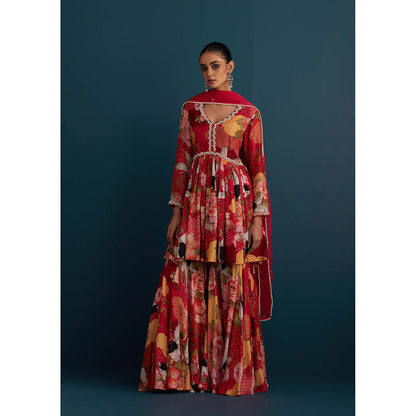 House of Pink Red Cotton Silk Embellished Anarkali Kurta Sharara & Dupatta (Set of 3)