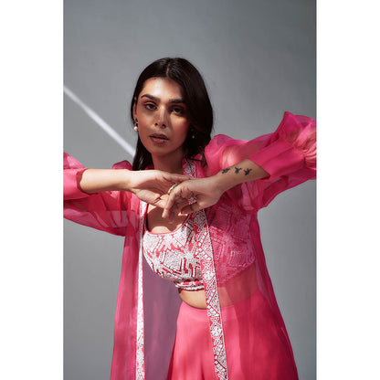 House of Pink Chanderi Embroidered & Embellished Blouse Palazzo & Cape (Set of 3)