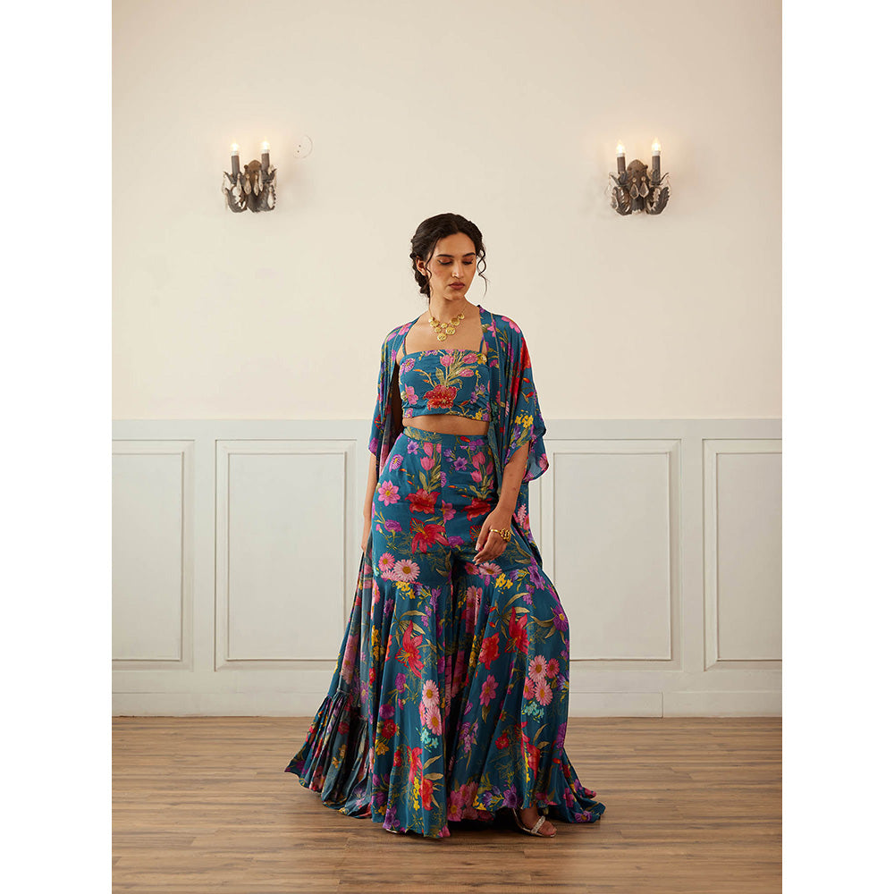 House of Pink Navy Blue Chanderi Floral & Embellished Blouse Sharara & Cape (Set of 3)