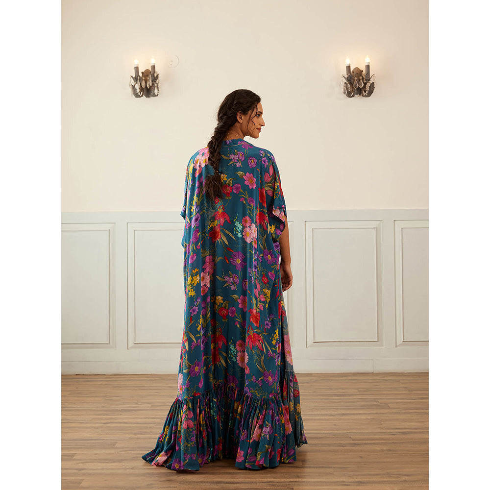 House of Pink Navy Blue Chanderi Floral & Embellished Blouse Sharara & Cape (Set of 3)