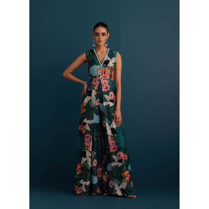 House of Pink Teal Cotton Silk Floral & Embellished Jumpsuit