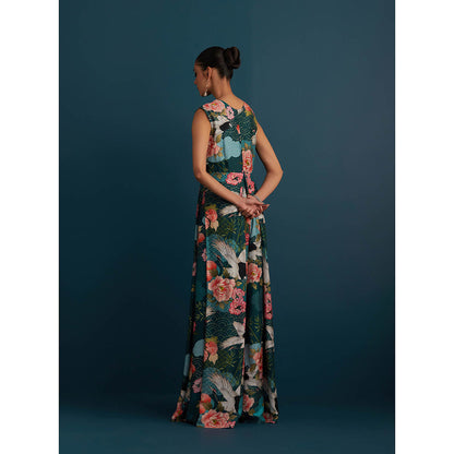 House of Pink Teal Cotton Silk Floral & Embellished Jumpsuit