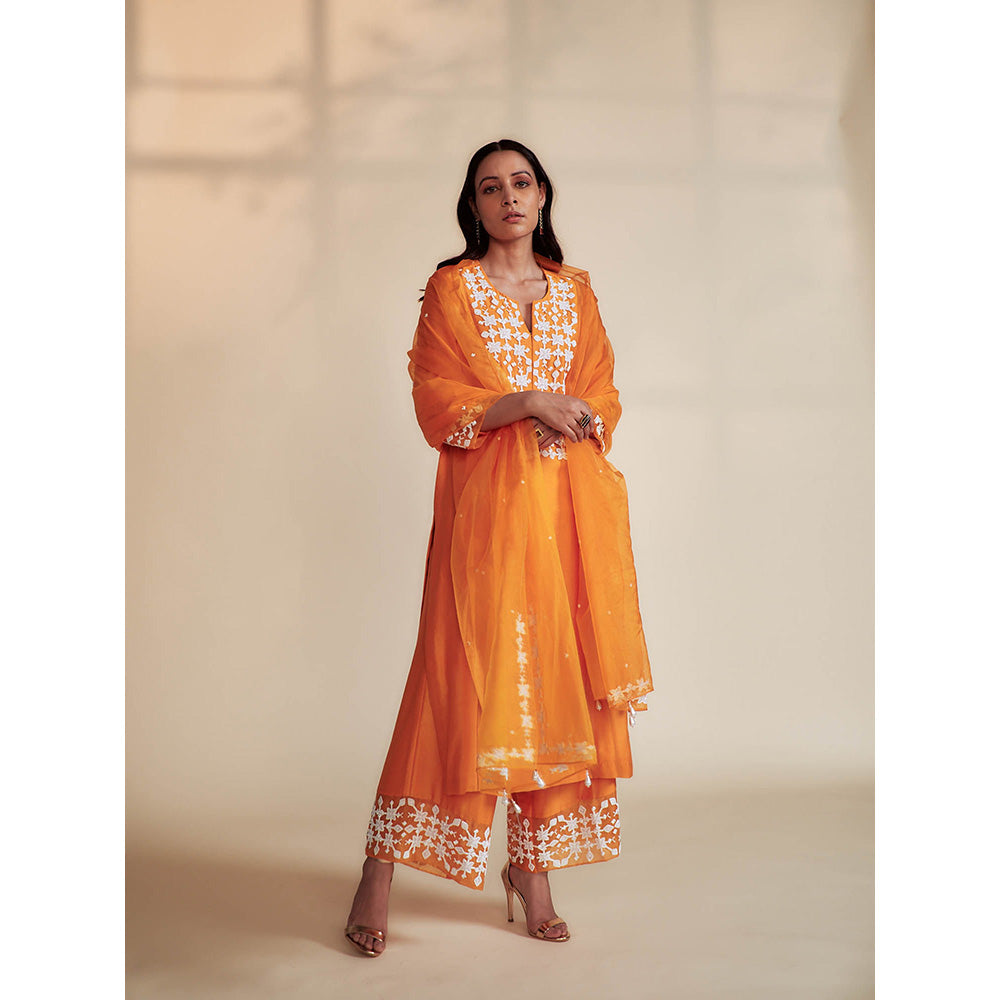 House of Pink Orange Chanderi Embroidered & Embellished Kurta Palazzo & Dupatta (Set of 3)