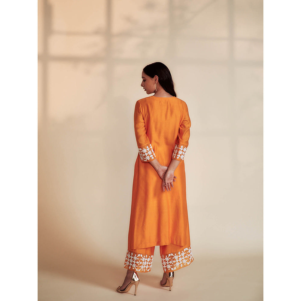 House of Pink Orange Chanderi Embroidered & Embellished Kurta Palazzo & Dupatta (Set of 3)