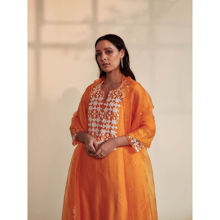 House of Pink Orange Chanderi Embroidered & Embellished Kurta Palazzo & Dupatta (Set of 3)