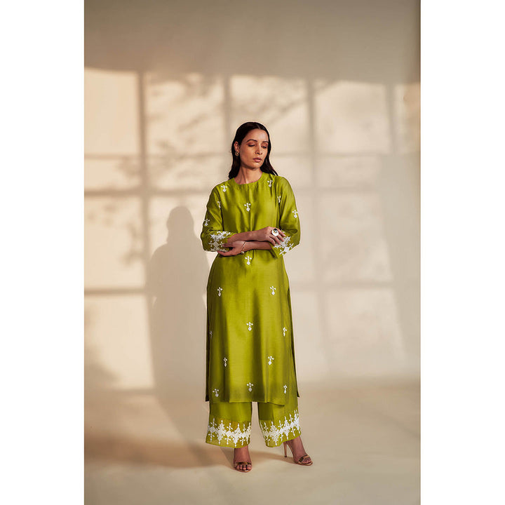 House of Pink Green Chanderi Embroidered & Embellished Kurta Palazzo & Dupatta (Set of 3)