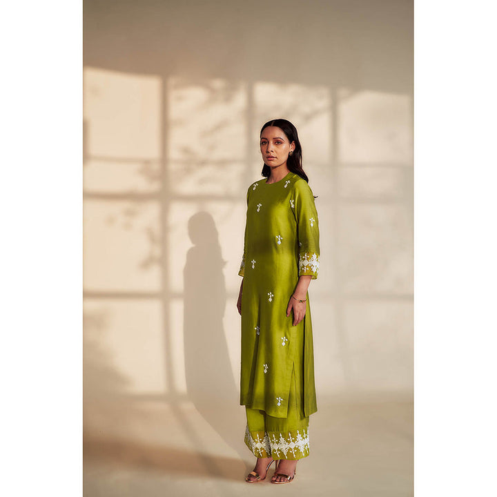 House of Pink Green Chanderi Embroidered & Embellished Kurta Palazzo & Dupatta (Set of 3)