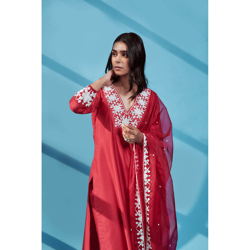 House of Pink Red Chanderi Embroidered & Embellished Kurta Palazzo & Dupatta (Set of 3)