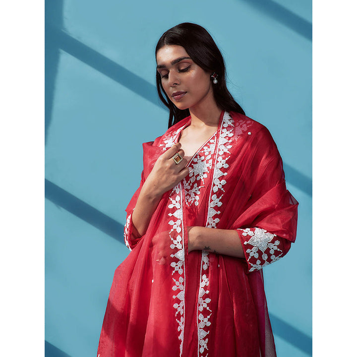 House of Pink Red Chanderi Embroidered & Embellished Kurta Palazzo & Dupatta (Set of 3)