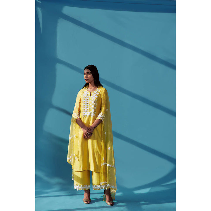 House of Pink Yellow Chanderi Embroidered & Embellished Kurta Palazzo & Dupatta (Set of 3)