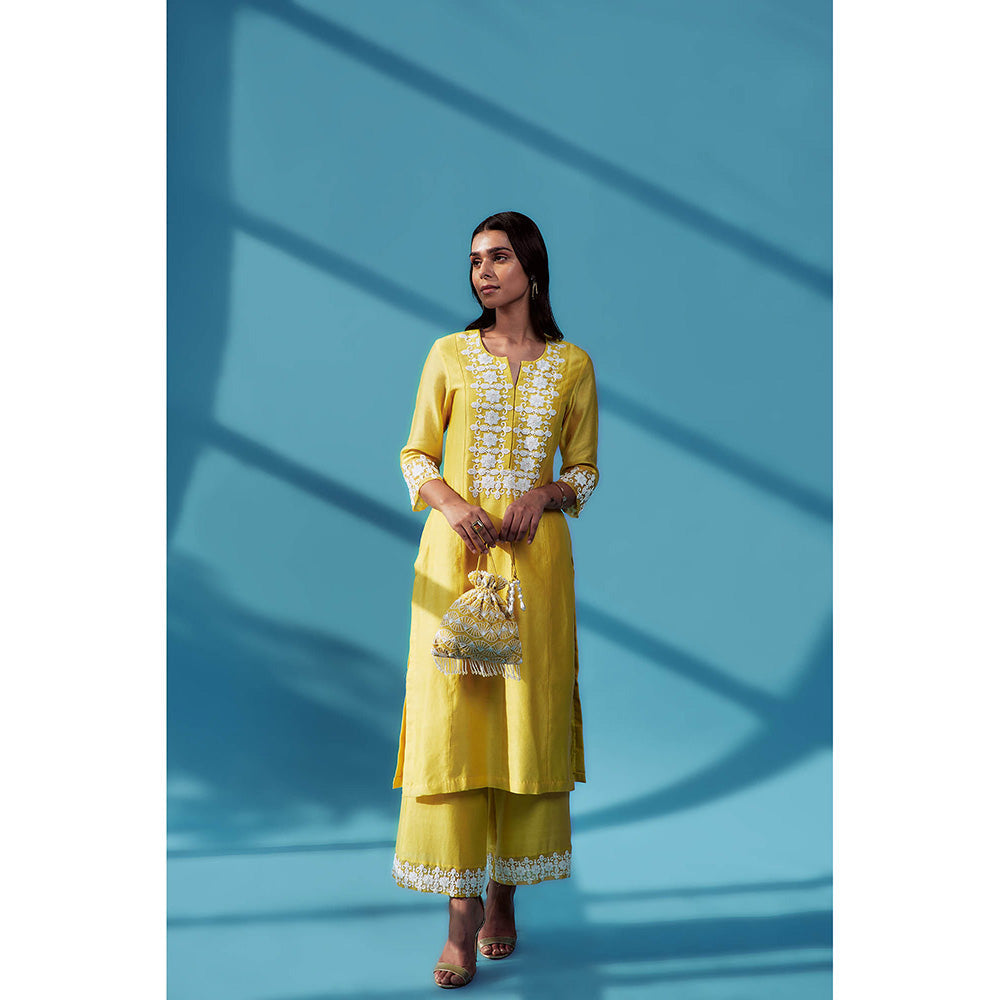 House of Pink Yellow Chanderi Embroidered & Embellished Kurta Palazzo & Dupatta (Set of 3)