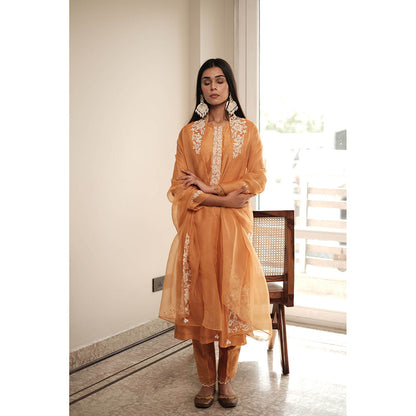 House of Pink Orange Chanderi Embroidered & Beads & Stones Kurta Pant & Dupatta (Set of 3)