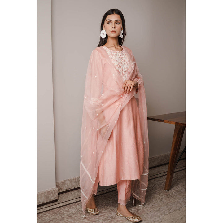 House of Pink Peach Chanderi Embroidered & Embellished Kurta Pant & Dupatta (Set of 3)