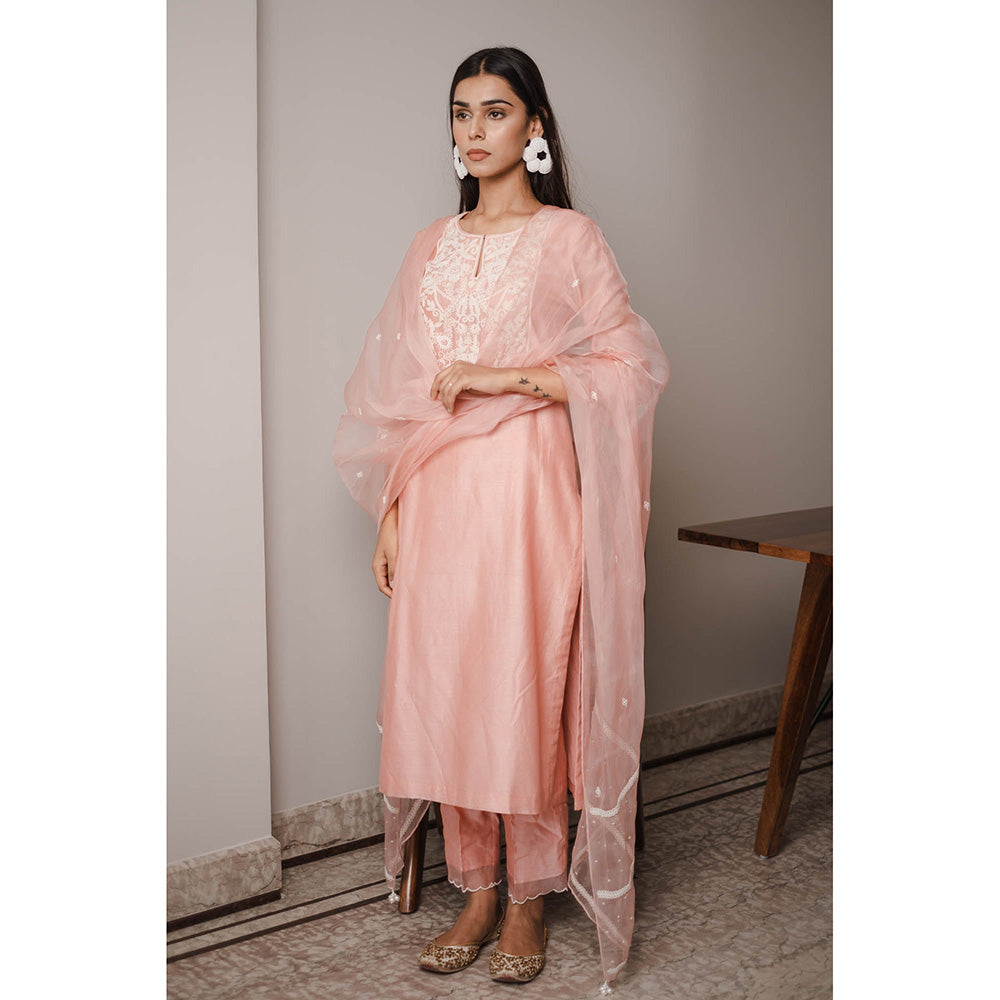 House of Pink Peach Chanderi Embroidered & Embellished Kurta Pant & Dupatta (Set of 3)