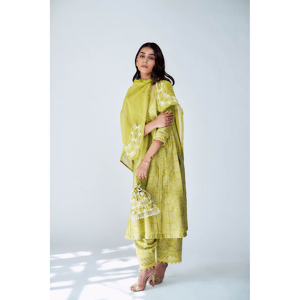 House of Pink Green Chanderi Printed & Embroidered Kurta Pant & Scarf (Set of 3)