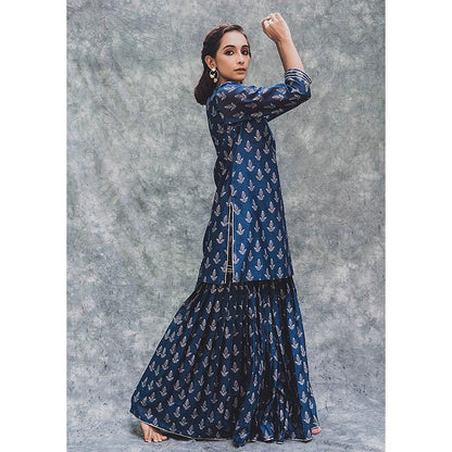 House of Pink Navy Blue Chanderi Floral & Printed Kurta Sharara & Dupatta (Set of 3)