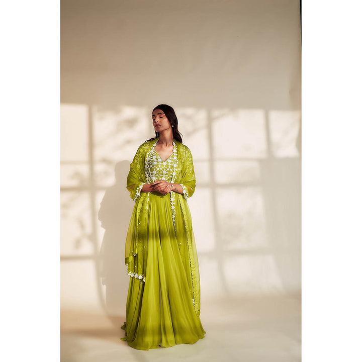 House of Pink Green Chanderi Embroidered & Embellished Lehenga Choli & Dupatta (Set of 3)