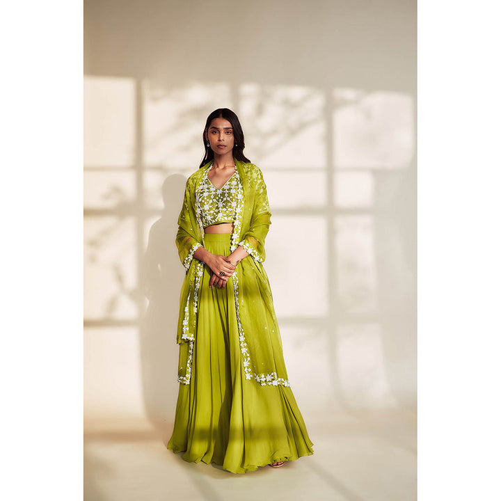 House of Pink Green Chanderi Embroidered & Embellished Lehenga Choli & Dupatta (Set of 3)