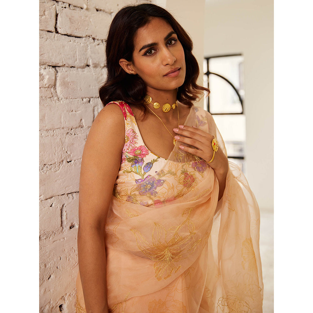 House of Pink Peach Chanderi Floral & Embroidered Saree with Stitched Blouse