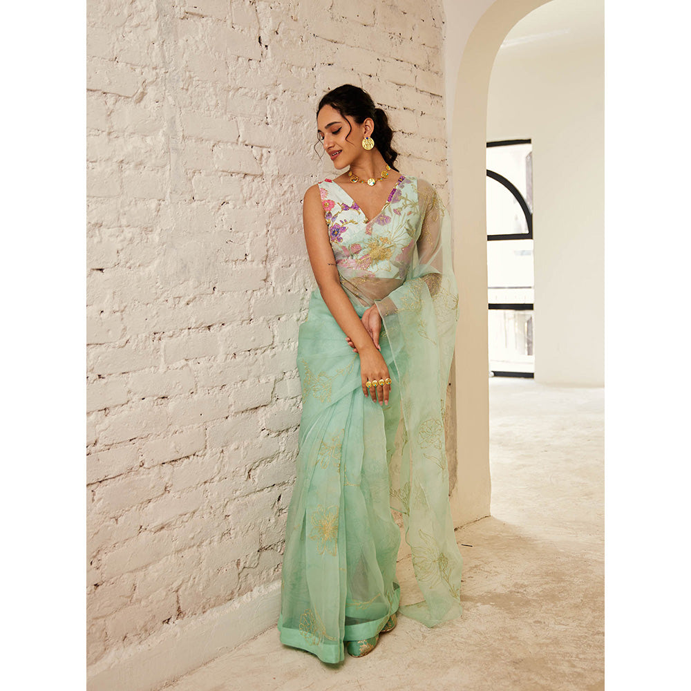 House of Pink Green Chanderi Floral & Embroidered Saree with Stitched Blouse