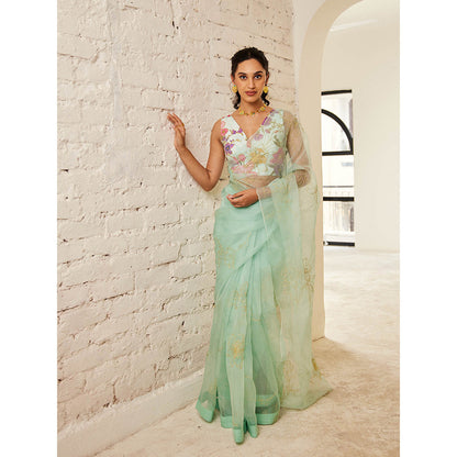 House of Pink Green Chanderi Floral & Embroidered Saree with Stitched Blouse