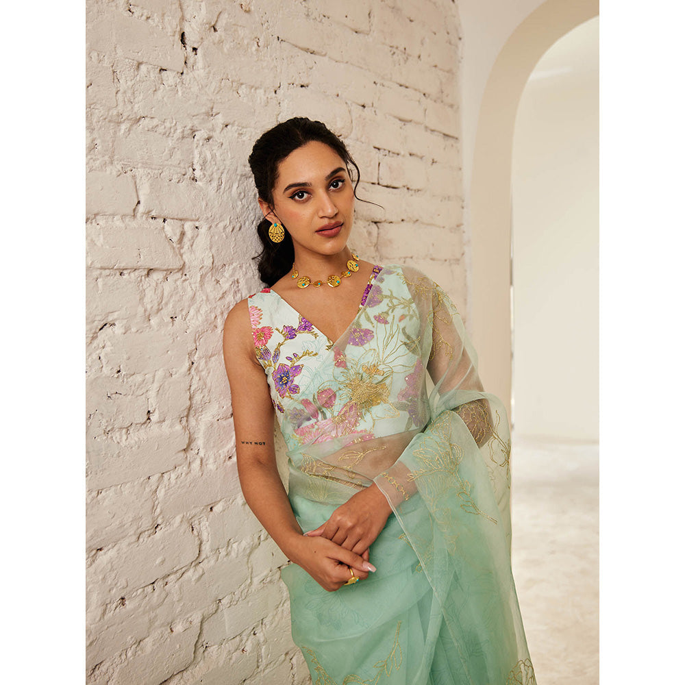 House of Pink Green Chanderi Floral & Embroidered Saree with Stitched Blouse