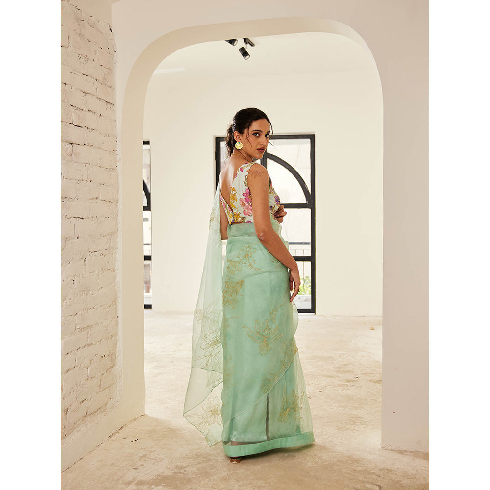 House of Pink Green Chanderi Floral & Embroidered Saree with Stitched Blouse