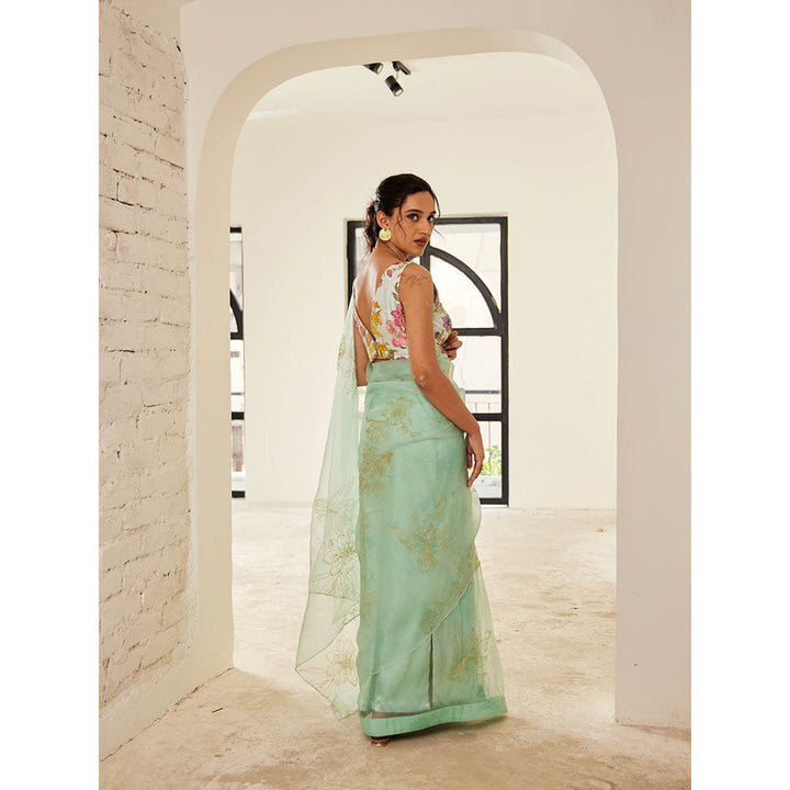 House of Pink Green Chanderi Floral & Embroidered Saree with Stitched Blouse