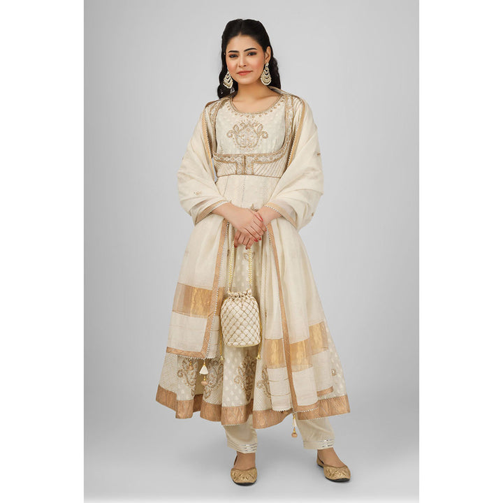 House of Supriya Off White Embellished Chanderi Anarkali Kurta with Pant & Dupatta (Set of 3)