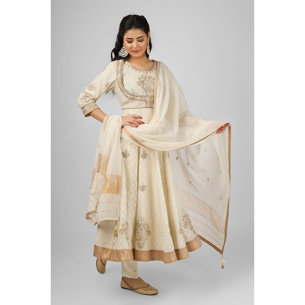 House of Supriya Off White Embellished Chanderi Anarkali Kurta with Pant & Dupatta (Set of 3)