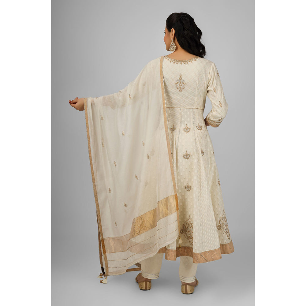 House of Supriya Off White Embellished Chanderi Anarkali Kurta with Pant & Dupatta (Set of 3)