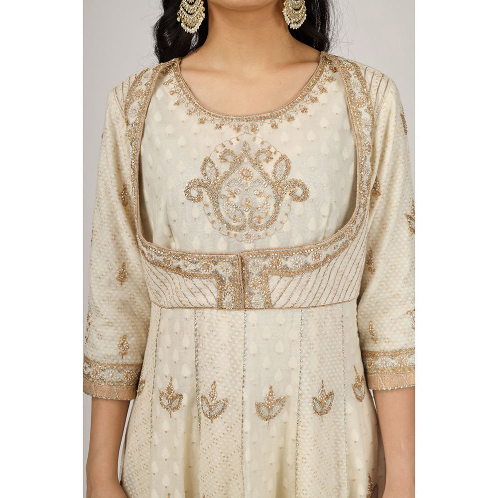 House of Supriya Off White Embellished Chanderi Anarkali Kurta with Pant & Dupatta (Set of 3)