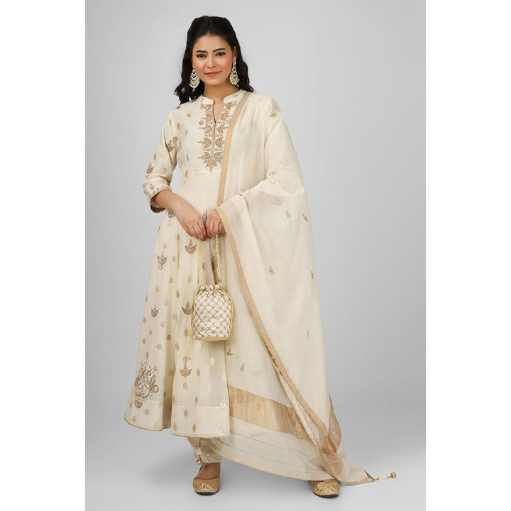 House of Supriya Cream Embellished Chanderi Anarkali Kurta with Pant & Dupatta (Set of 3)