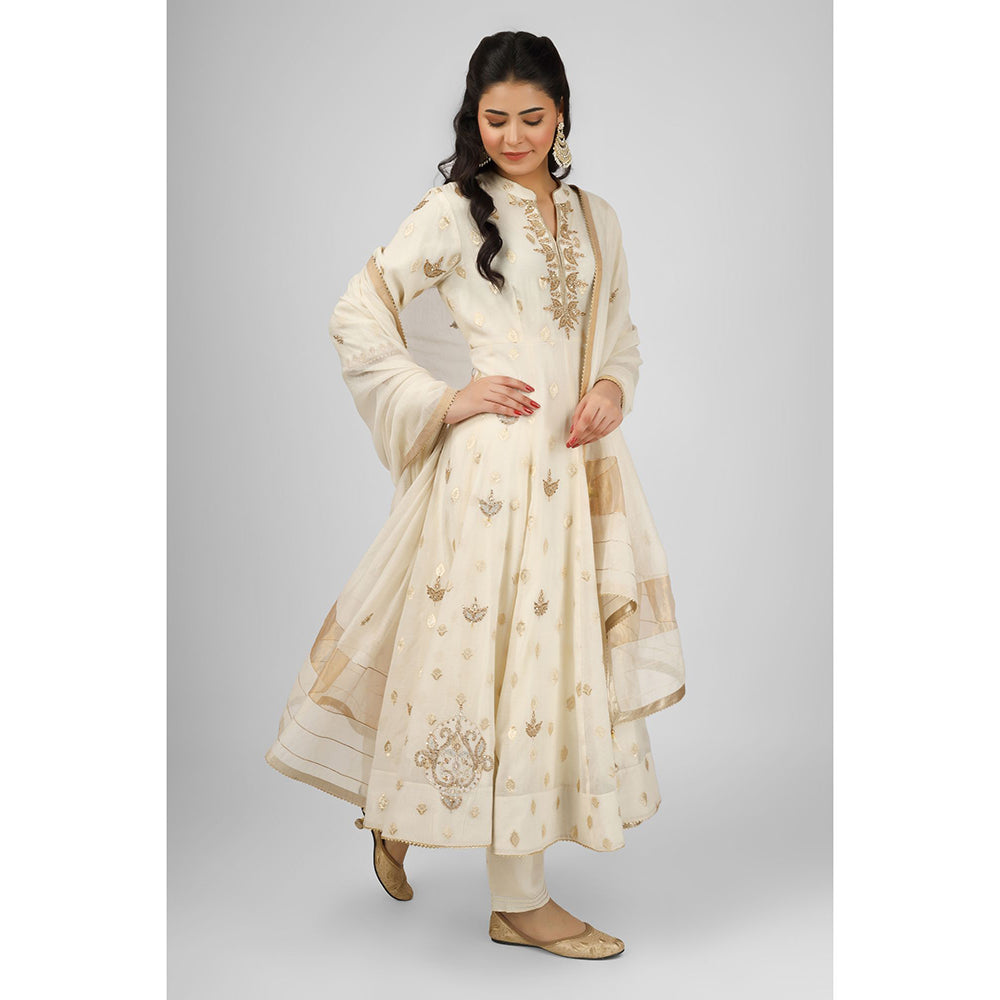 House of Supriya Cream Embellished Chanderi Anarkali Kurta with Pant & Dupatta (Set of 3)