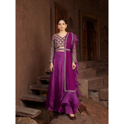 House of Supriya Purple Embroidered Organza Lehenga with Stitched Blouse & Dupatta (Set of 4)