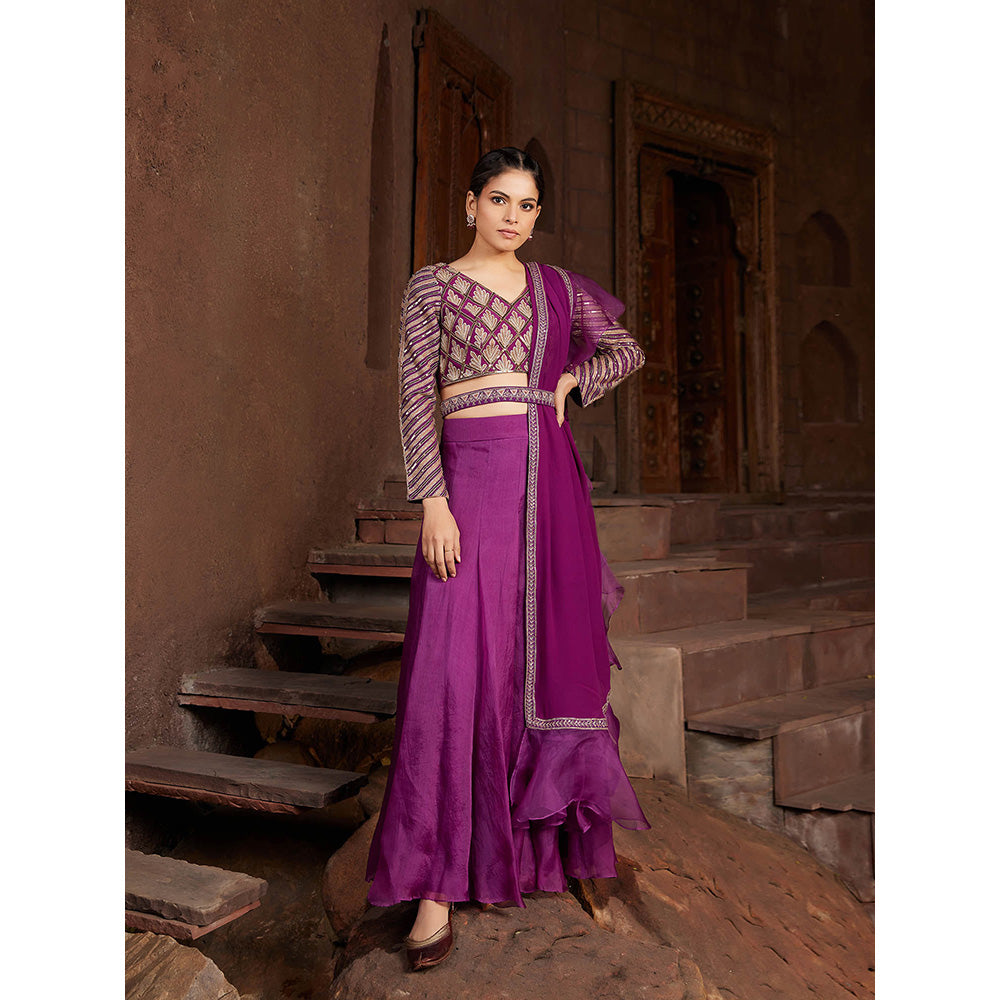 House of Supriya Purple Embroidered Organza Lehenga with Stitched Blouse & Dupatta (Set of 4)