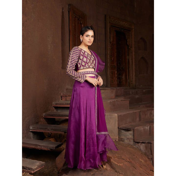 House of Supriya Purple Embroidered Organza Lehenga with Stitched Blouse & Dupatta (Set of 4)