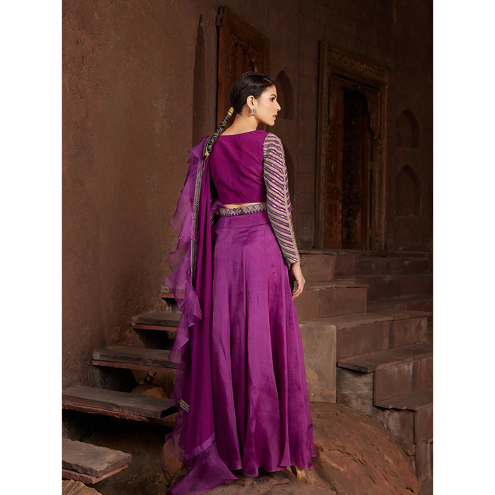 House of Supriya Purple Embroidered Organza Lehenga with Stitched Blouse & Dupatta (Set of 4)